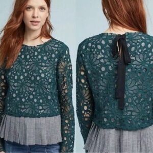 Anthropologie Maeve Gingham and Lace Layered Top, Size S